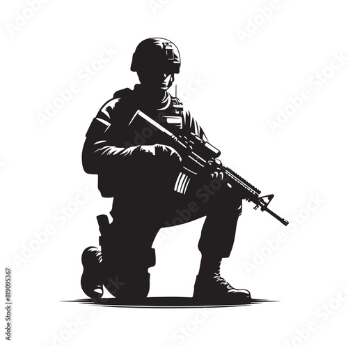 Soldier silhouette on a white background. Special army force wearing uniforms. Soldiers standing with assault rifles silhouette.armies with anonymous faces. infantry silhouette collection.