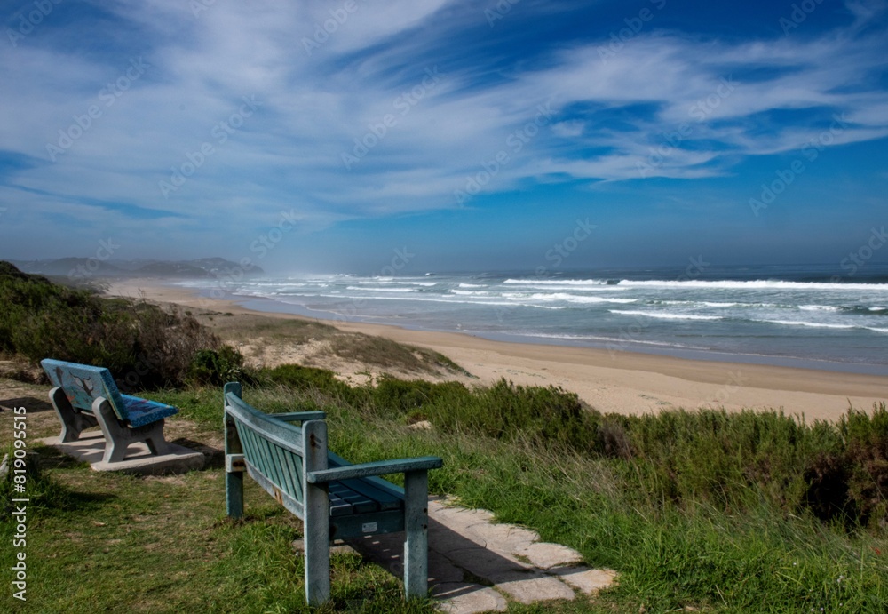 Benches with a view over the Swartvlei beach near Sedgefield.