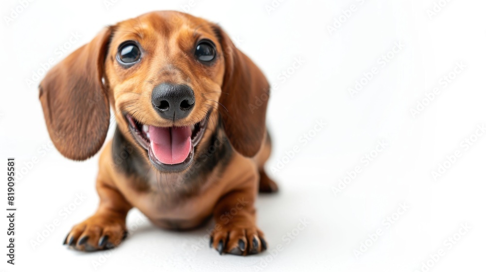  Funny puppy dog dachshund. Cute happy playful dog or pet isolated on white background.
