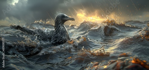A stormy ocean scene with a seabird struggling against the waves, capturing the dramatic natural elements and intensity of the weather. photo