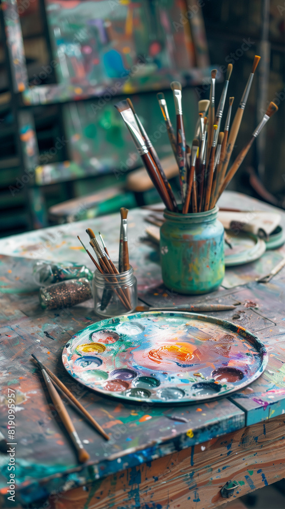 Artistic studio table with paintbrushes and colorful palette Artistic studio table with paintbrushes and colorful palette