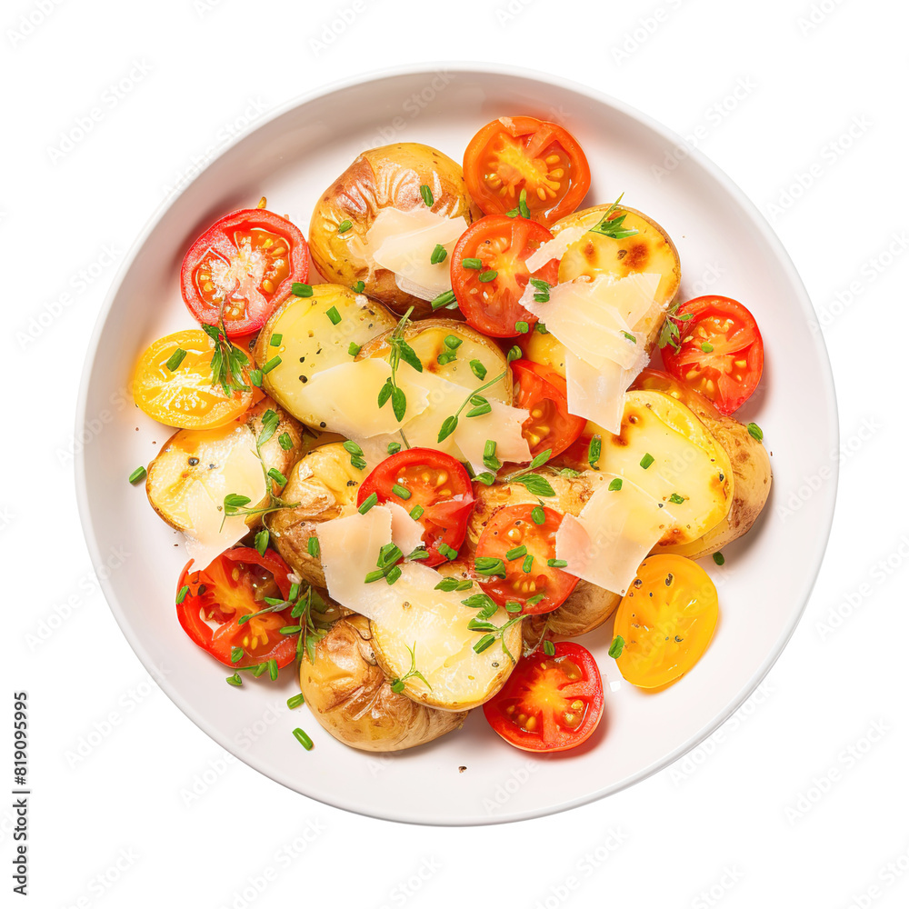 potatoes with tomato and cheese, isolated on transparent background Remove png, Clipping Path, pen tool 