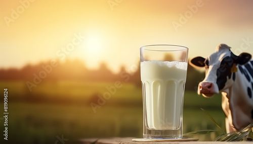 A glass of fresh milk on the background of a field and a cow on an eco farm