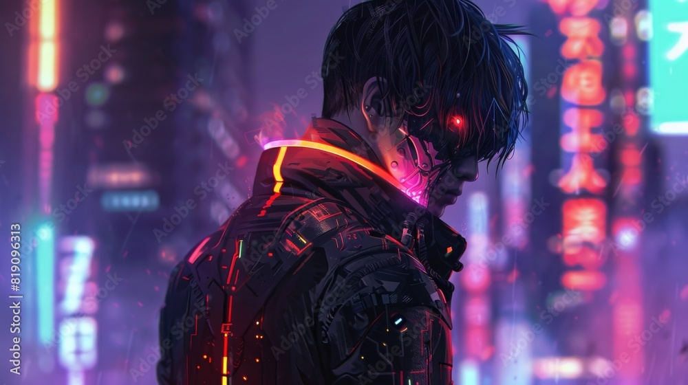 Obraz premium Futuristic Cyberpunk Anime Man in Glowing Suit