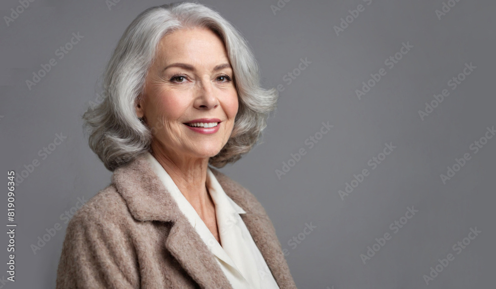 Graceful mature lady with a charming smile against a grey background