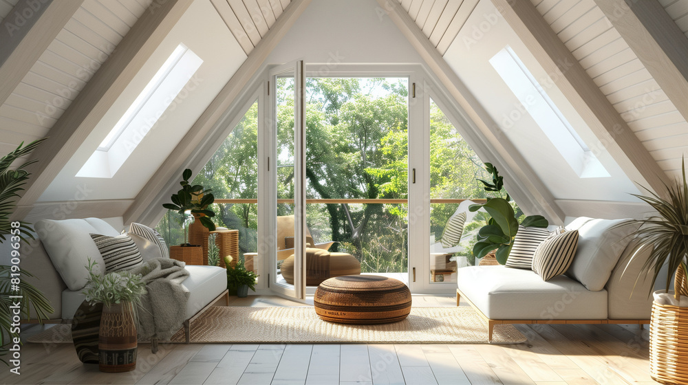 Fototapeta premium Cozy a-frame attic sitting area with summer view and plants