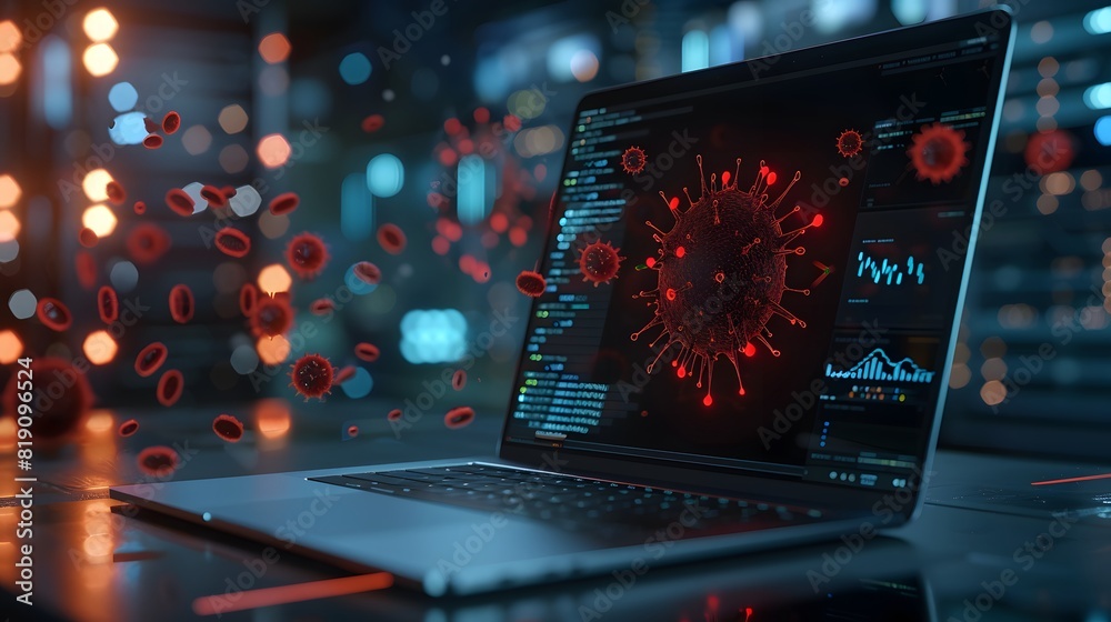 Detail of a modern laptop. Computer viruses System security warning. AI Generative Detail of a modern laptop. Computer viruses System security warning. AI Generative