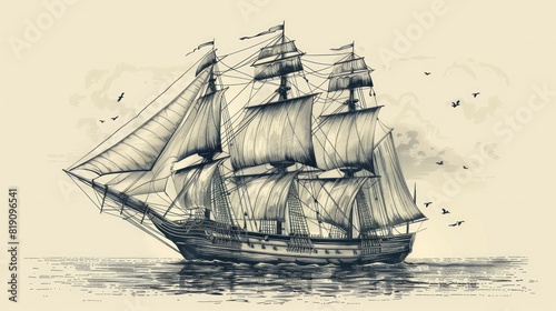 Wallpaper Mural An elegant line art drawing of a majestic sailing ship gliding across a calm ocean, capturing the romance and adventure of seafaring voyages. Torontodigital.ca