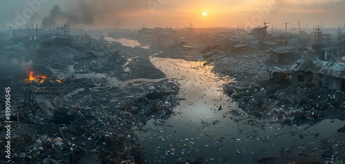 Dystopian landscape at sunset, polluted waterway, and abandoned village. Urban decay exemplified by dark skies and fire.