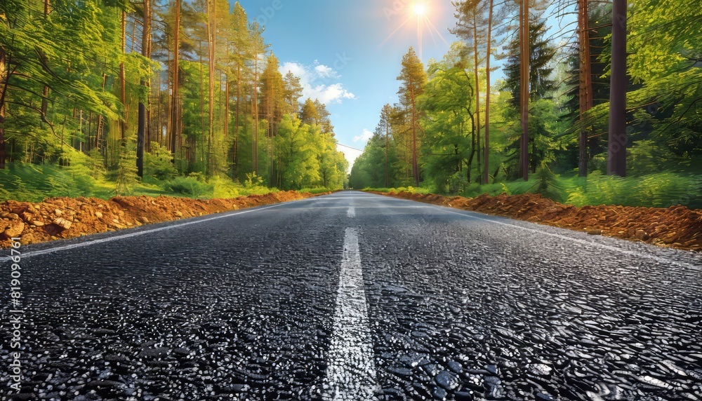 Asphalt road stretching through a dense green forest on a sunny day, with clear blue skies and the sun shining brightly. Asphalt road stretching through a dense green forest on a sunny day, with clear blue skies and the sun shining brightly.