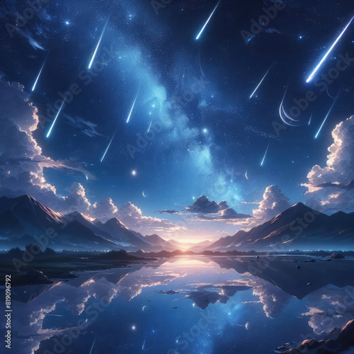 Generative AI, the Beautiful sight of a meteor shower on a beautiful night with a dark sky dotted with stars that sparkle like diamonds, beautiful meteor shower, cool anime landscape, Niji Anime Views