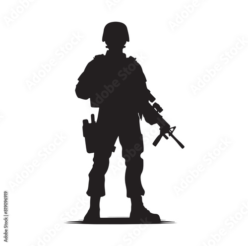 Soldier silhouette on a white background. Special army force wearing uniforms. Soldiers standing with assault rifles silhouette.armies with anonymous faces. infantry silhouette collection.