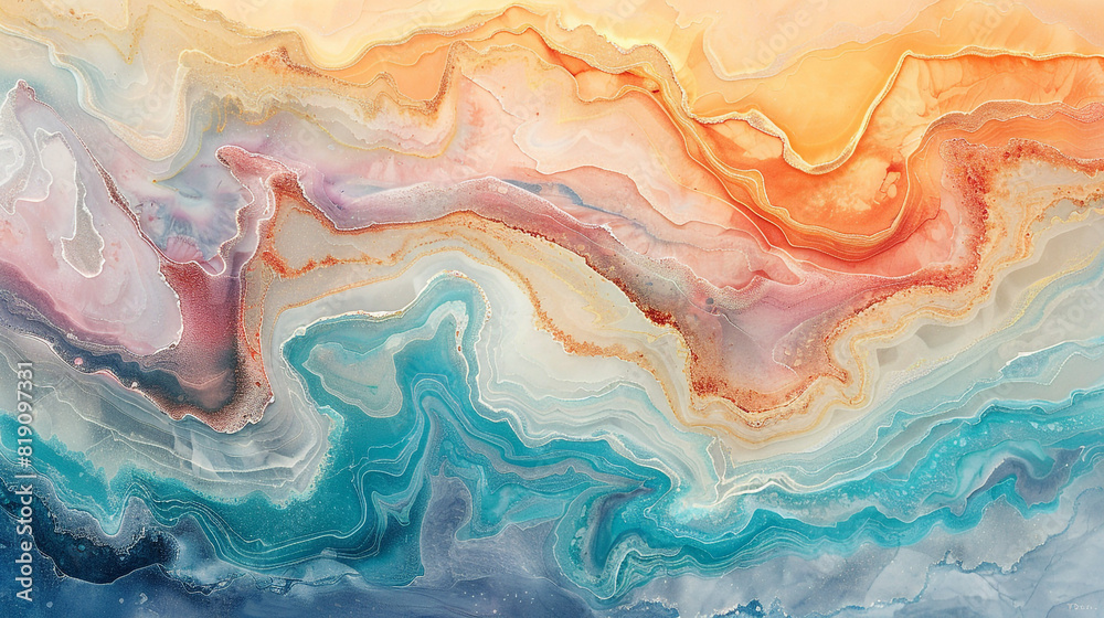 Whimsical marble painting adorned with soft and light pastel colors.