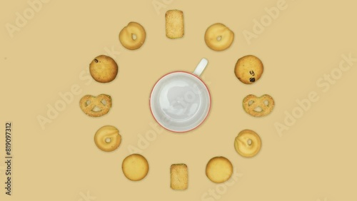 Animated Circle Of Cookies And A Cup On A Table Stop Motion Animation ideal for promoting baking classes, dessert recipes, cozy home atmosphere, and food blogs.
