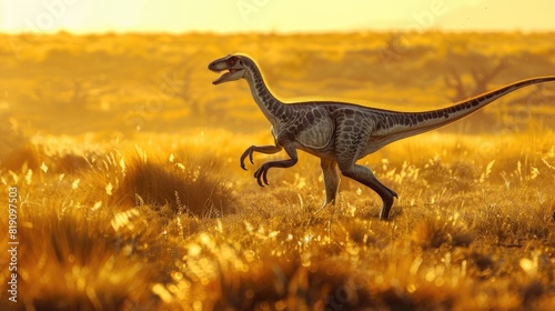 Gallimimus dinosaur running on prehistoric plains