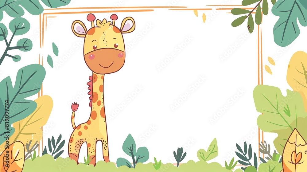 happy giraffe in garden with blank frame cute cartoonish page print border design, with blank empty space for mock up message background
happy giraffe in garden with blank frame cute cartoonish page print border design, with blank empty space for mock up message background