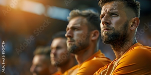 Disheartened male soccer players feeling defeated in stadium. Concept Sports, Soccer, Defeat, Disheartenment, Stadium photo