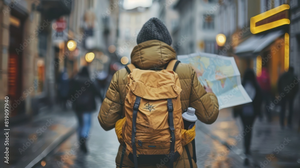 A person in winter attire, backpack and holding a coffee cup, looks at a map on a bustling city street A person in winter attire, backpack and holding a coffee cup, looks at a map on a bustling city street