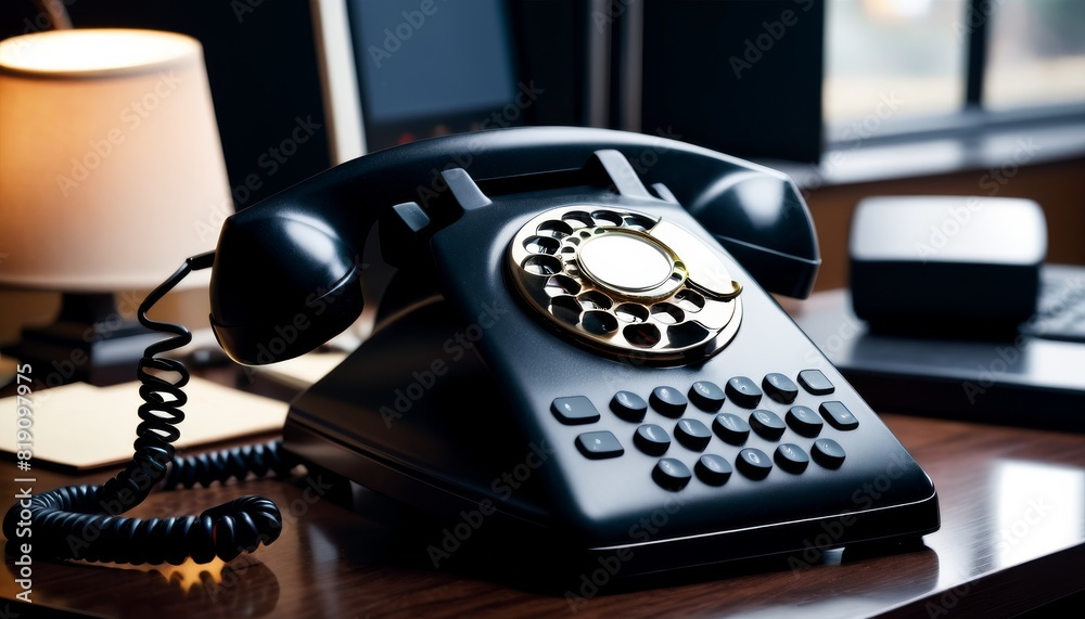 A classic black rotary dial telephone poised on a wooden desk with a soft-focus background, invoking a nostalgic essence of communication.. AI Generation A classic black rotary dial telephone poised on a wooden desk with a soft-focus background, invoking a nostalgic essence of communication.. AI Generation