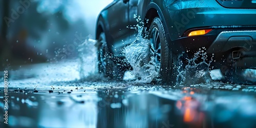 Tire splashing water as car drives through puddles on wet road. Concept Wet Road, Tire Splash, Car Driving, Puddle, Rainy Weather