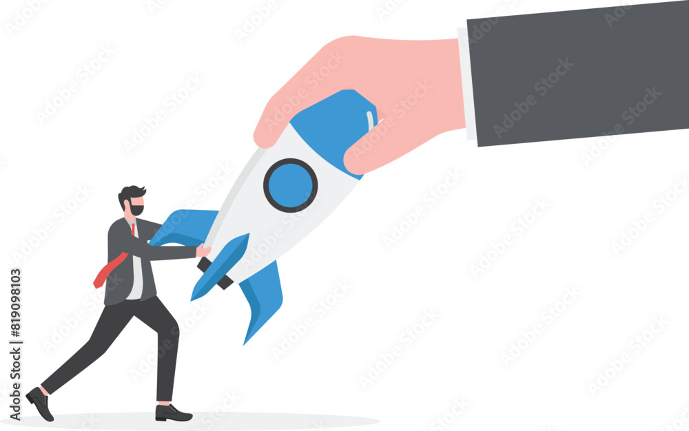 Business fight. Big hand pulling a rocket tug of war with a small businessman
