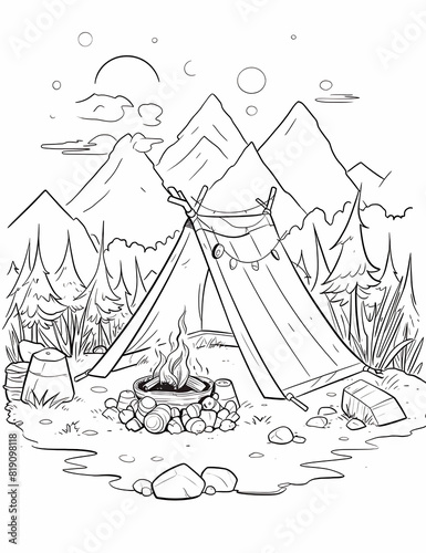 camping coloring page, Landscape.Coloring book anti stress for children and adults