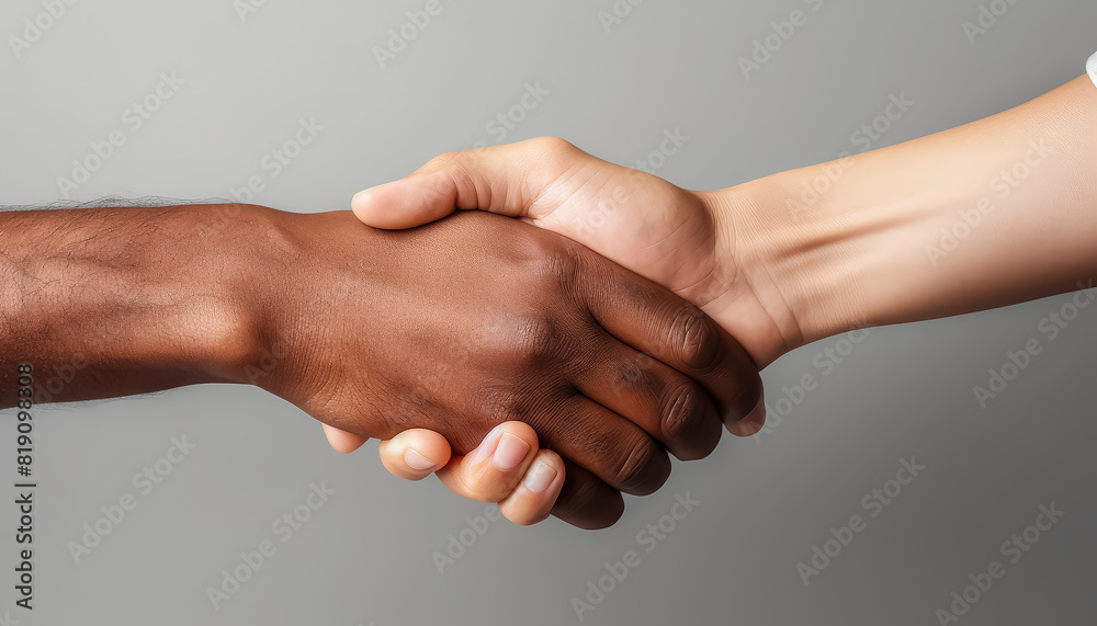 A dark-skinned hand squeezes a white-skinned hand