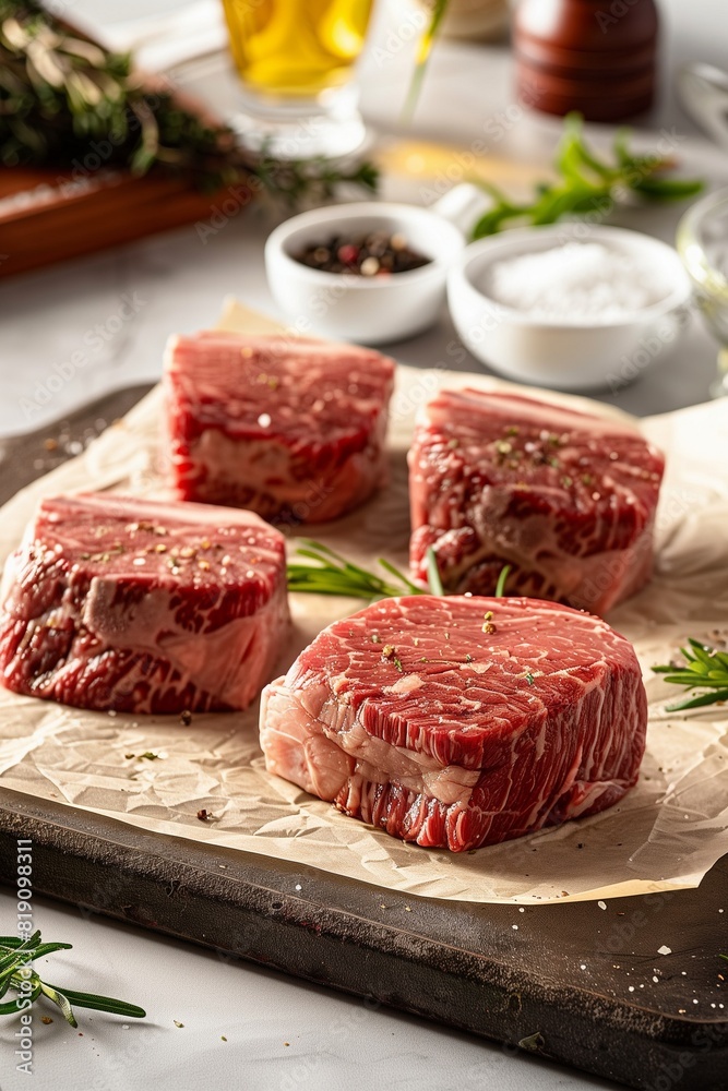 Raw Seasoned Ribeye Steaks on Parchment Paper Raw Seasoned Ribeye Steaks on Parchment Paper
