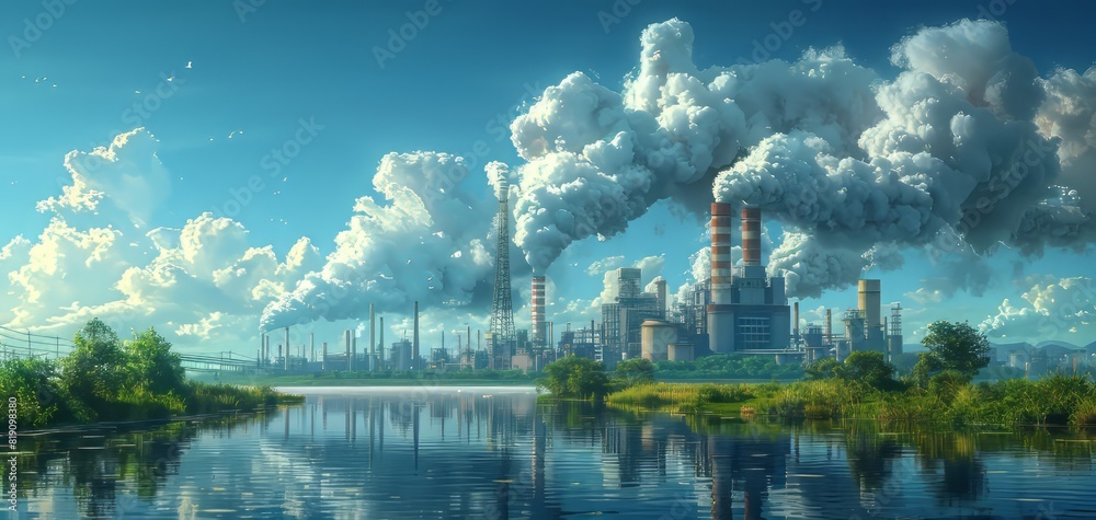 Industrial landscape with factories emitting smoke, reflected in a calm river, symbolizing environmental pollution and climate change.