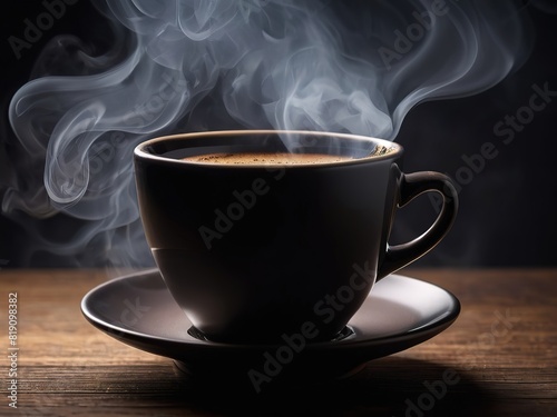 Cup of hot black coffee with smoke On an old wooden floor. Copyscape.
