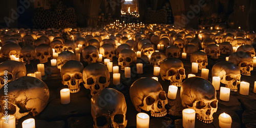 Human sculls burred among lots of other bones Greek Orthodox church, monks skulls in funeral chamber in monastery.