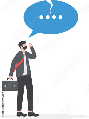 Unclear information concepts. Businessmen communicate with broken speech bubbles

