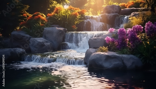 Spring waterfall with flowers beautiful landscape