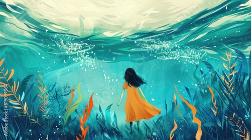 Girl in the sea scenic illustration