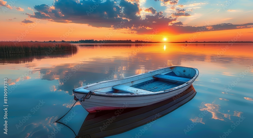 Boat Floating on Lake at Sunset Boat Floating on Lake at Sunset