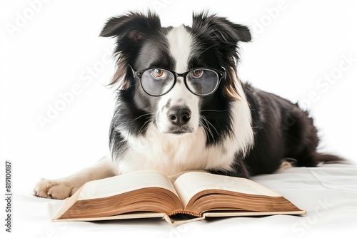 Border Collie with a Book and Reading Glasses: A studious Border Collie with a book in front and wearing reading glasses, embodying the love of learning and knowledge.  photo