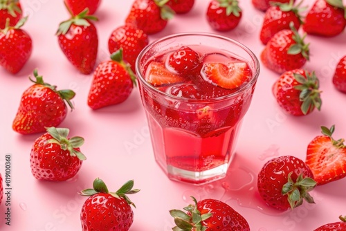 Glass of strawberry juice - scattered strawberries around the cup - pink background.