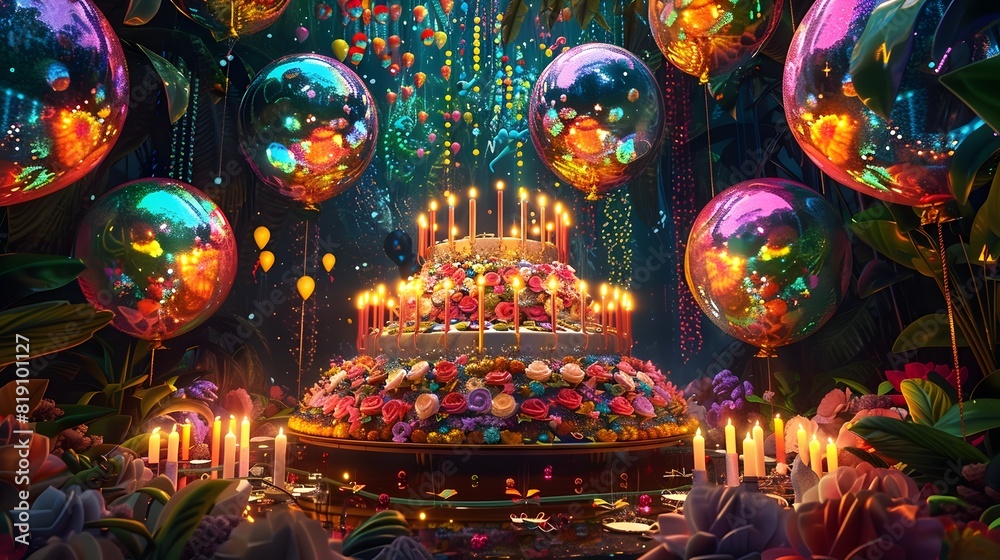 Joyous Birthday with Grand Cake Iridescent Orbs and Floral Embellishments in Contemporary Digital Painting Style Joyous Birthday with Grand Cake Iridescent Orbs and Floral Embellishments in Contemporary Digital Painting Style