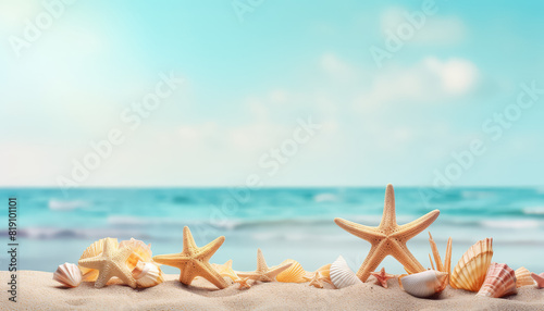 Starfish and seashells on white sand by the sea