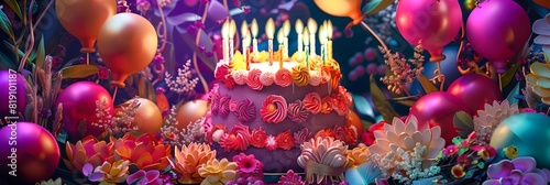 Vibrant Celebratory Cake and Balloon Composition in Fauvist Inspired Digital Style photo