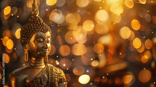 Golden buddha statue on bokeh lights background