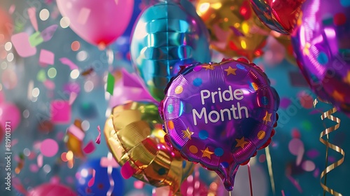 Festive Pride Month Celebration with Colorful Metallic Balloons and Confetti