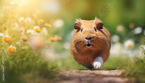 Guinea pig running on meadow on summer day happy photo