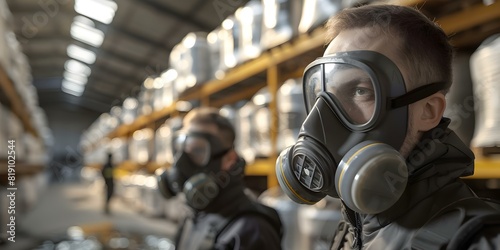 Assessment of Toxic Spills in Industrial Warehouses by Technicians in Gas Masks. Concept Safety Protocols, Hazardous Materials, Remediation Strategies, Protective Gear, Industrial Accidents