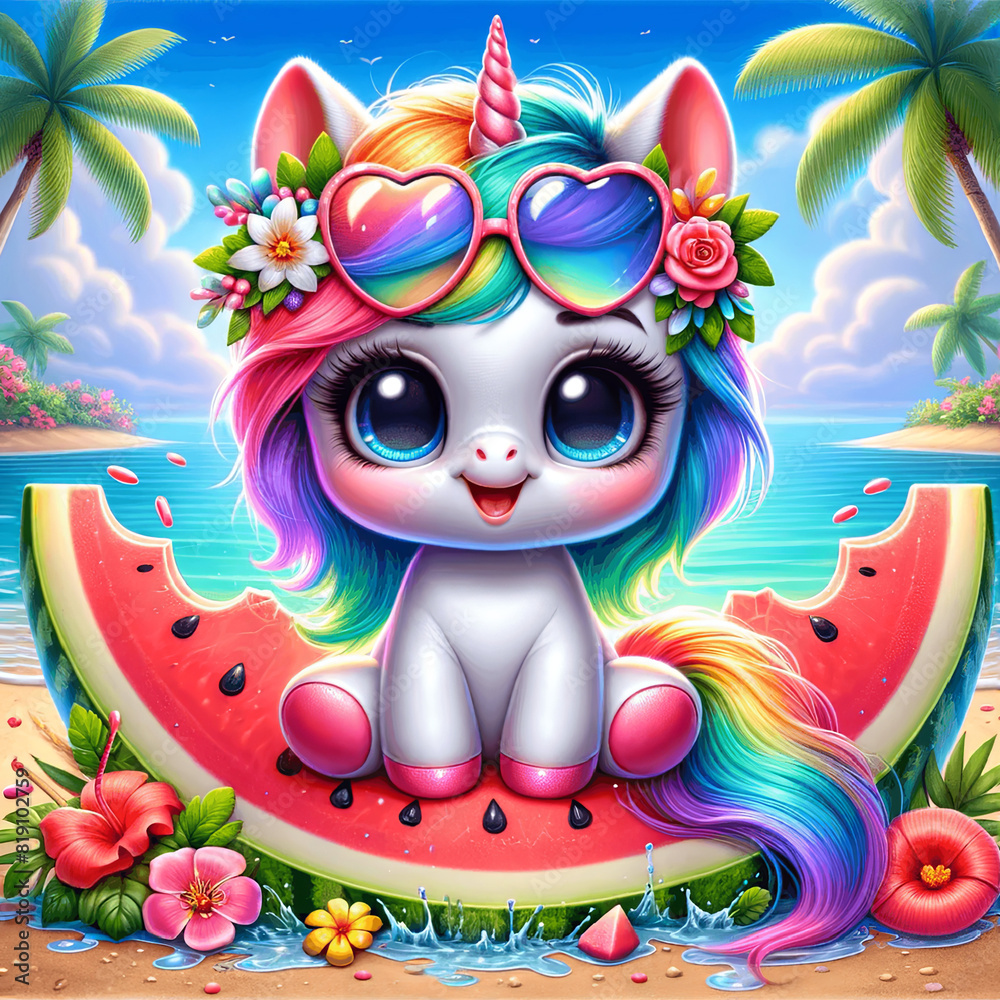 Cute rainbow unicorn with a watermelon slice on a tropical beach, surrounded by palm trees.