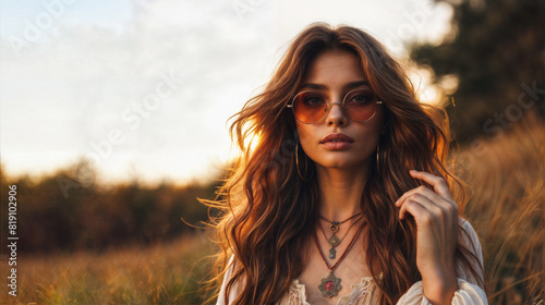  A boho style model with long red hair and sunglasses poses in a field during sunset