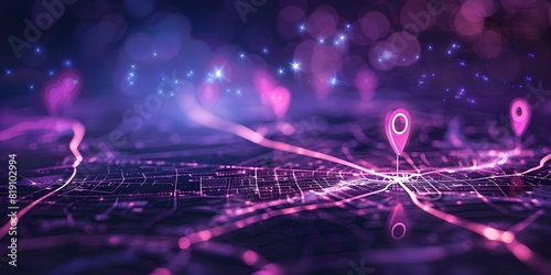 Modern GPS map with pink location pins on dark background visually striking. Concept GPS Navigation, Pink Pins, Dark Background, Modern Design, Visual Impact