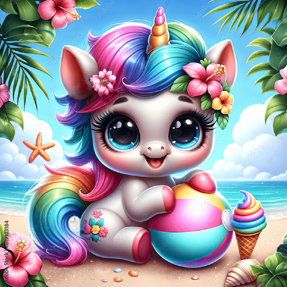 Naklejka premium Cute unicorn with rainbow mane and floral crown holding an ice cream cone on a tropical beach with a beach ball.