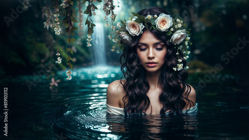 A Graceful Woman Adorned with Blooms in Her Hair Dances Amidst the Rippling Currents