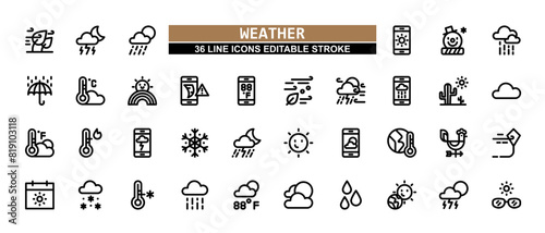 36 Weather Line Icons Set Pack Editable Stroke Vector Illustration.